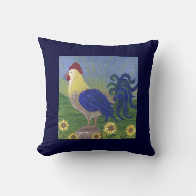 Rooster Sunrise on navy blue pillow double sided (Front)