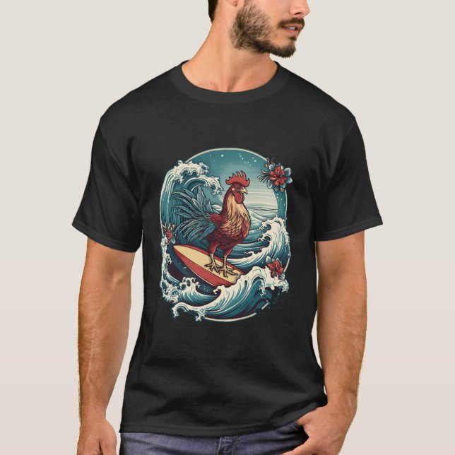 Rooster Surfer Chicken Surfing Kauai Hawaiian Surf T-Shirt (Front)