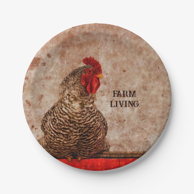 Rooster Vintage Antique Brown Texture Farmhouse Paper Plate (Front)