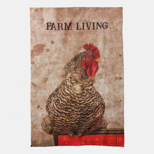 Rooster Vintage Antique Brown Texture Farmhouse Tea Towel (Vertical)