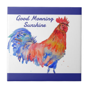 Rooster Watercolor Red Blue Chicken Sunshine Tile