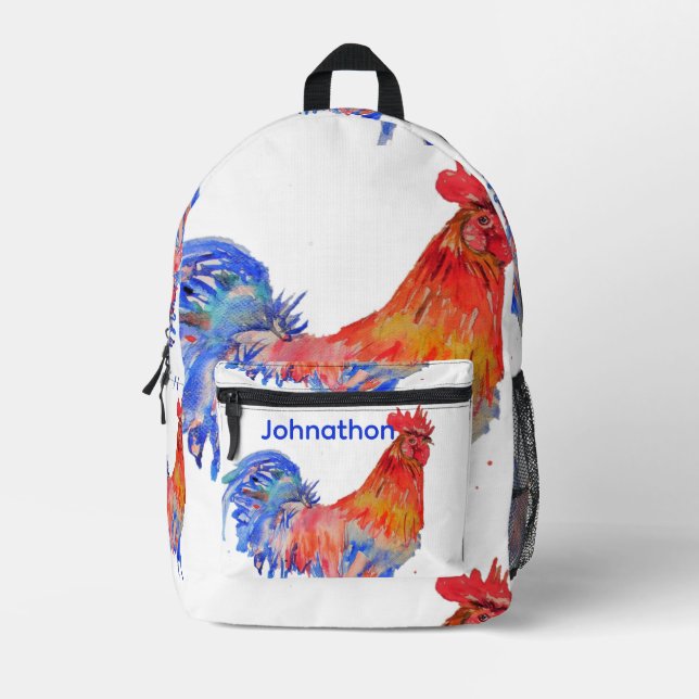 Rooster Watercolor Red Yellow Blue Chicken Printed Backpack (Front)