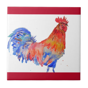 Rooster Watercolor Red Yellow Blue Chicken Tile