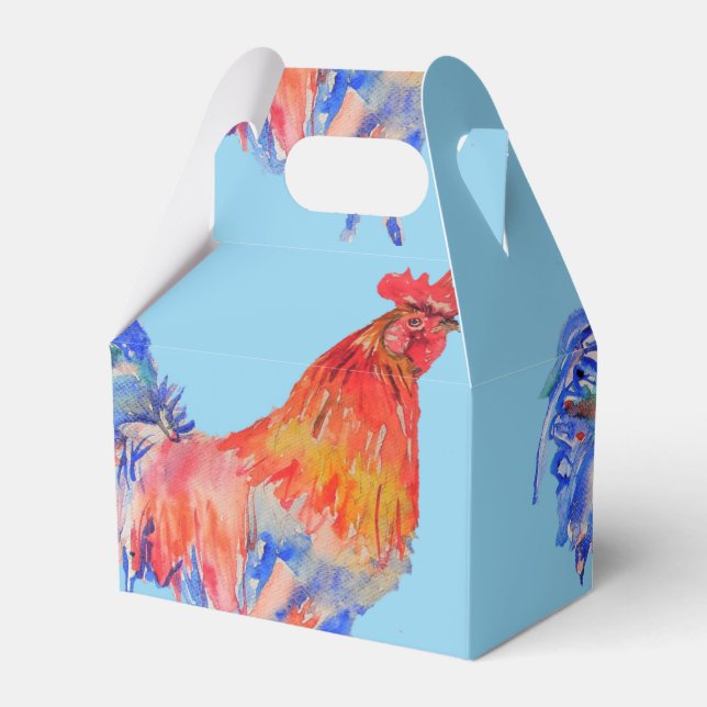 Rooster Wedding Cake Favour Box Chicken Red Blue (Front Side)