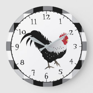 Rooster with Black White Check Large Clock