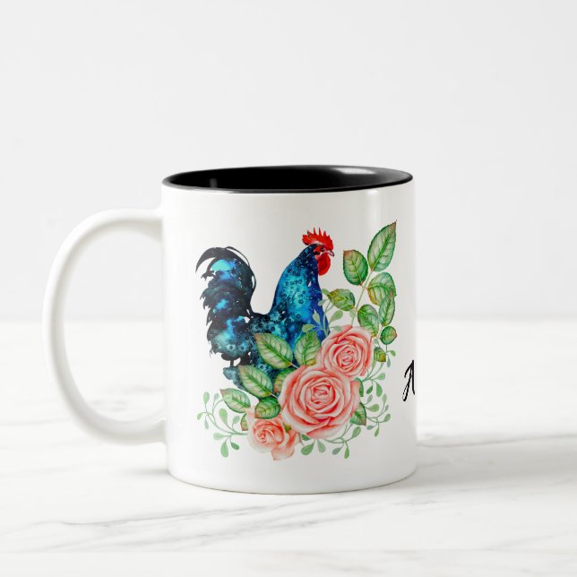 Rooster with Flowers Personalised Two-Tone Coffee Mug (Left)