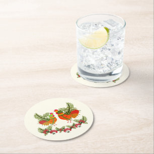 Rooster with hen round paper coaster