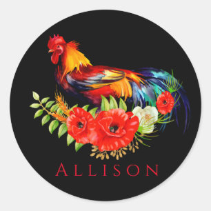 Rooster with Poppies Black Red Personalised Classic Round Sticker