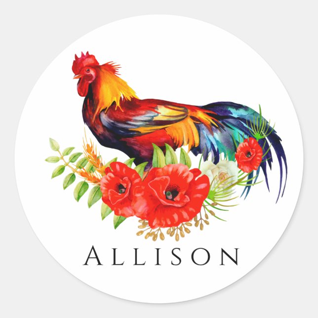 Rooster with Poppies Personalised Classic Round Sticker (Front)