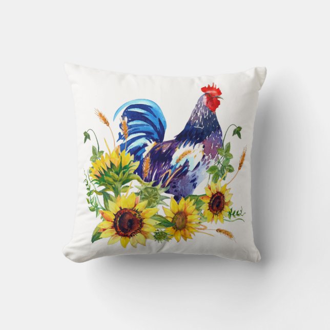 Rooster with Sunflower Watercolor Art Throw Pillow (Front)