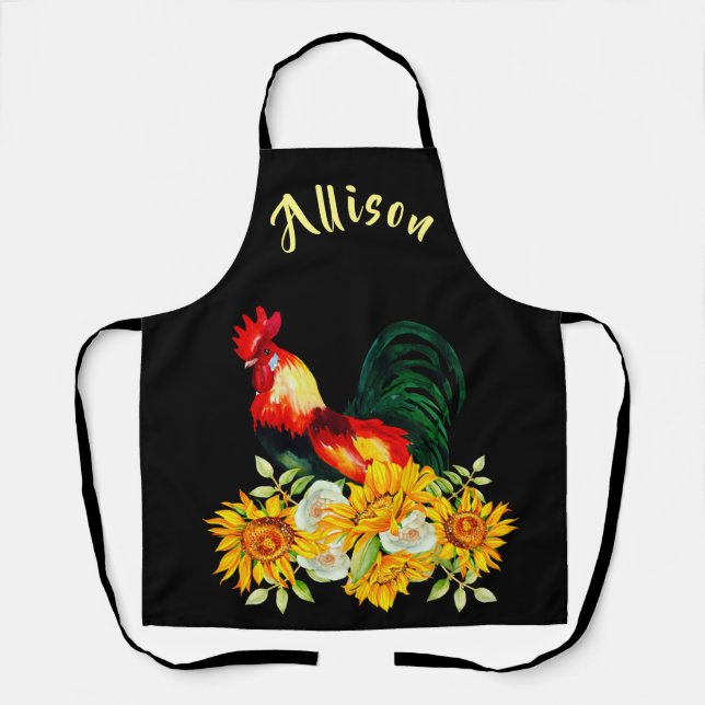 Rooster with Sunflowers Black Personalised Apron (Front)