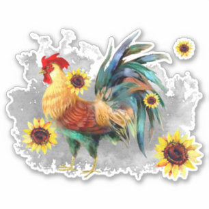 Rooster with Sunflowers Custom-Cut Vinyl Sticker