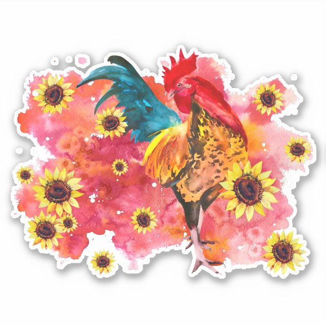 Rooster with Sunflowers Custom-Cut Vinyl Sticker (Front)