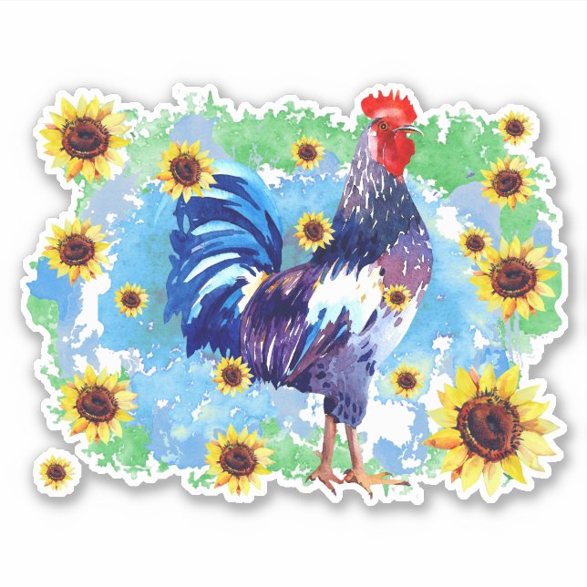 Rooster with Sunflowers Custom-Cut Vinyl Sticker (Front)
