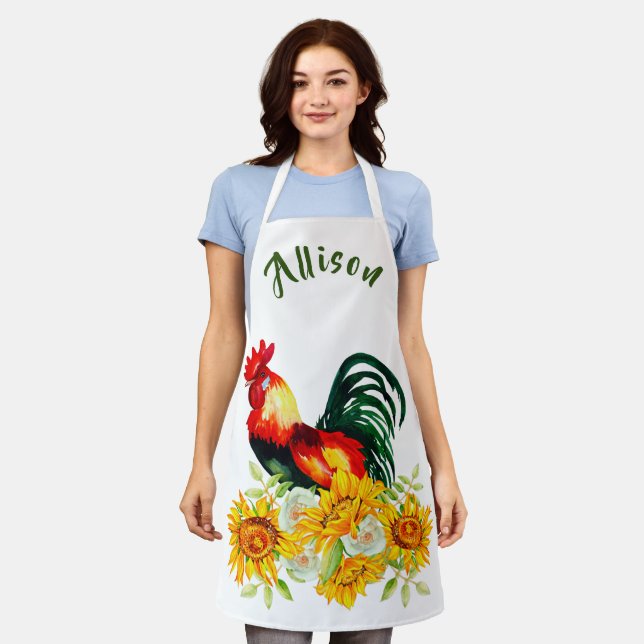 Rooster with Sunflowers Personalised Apron (Worn)