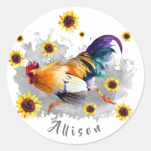 Rooster with Sunflowers Personalised Classic Round Sticker