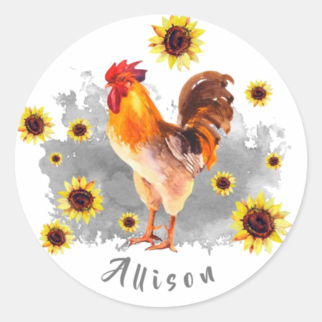 Rooster with Sunflowers Personalised Classic Round Sticker (Front)
