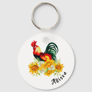 Rooster with Sunflowers Personalised  Key Ring