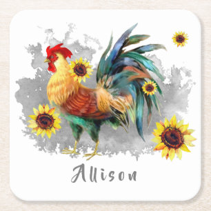 Rooster with Sunflowers Personalised Square Paper Coaster