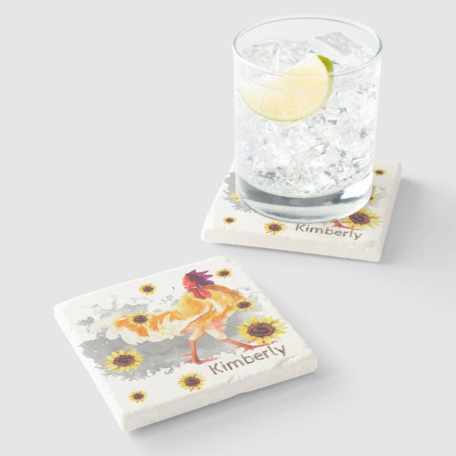 Rooster with Sunflowers Personalised  Stone Coaste Coaster (Side)