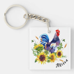 Rooster with Sunflowers Personalized  Key Ring