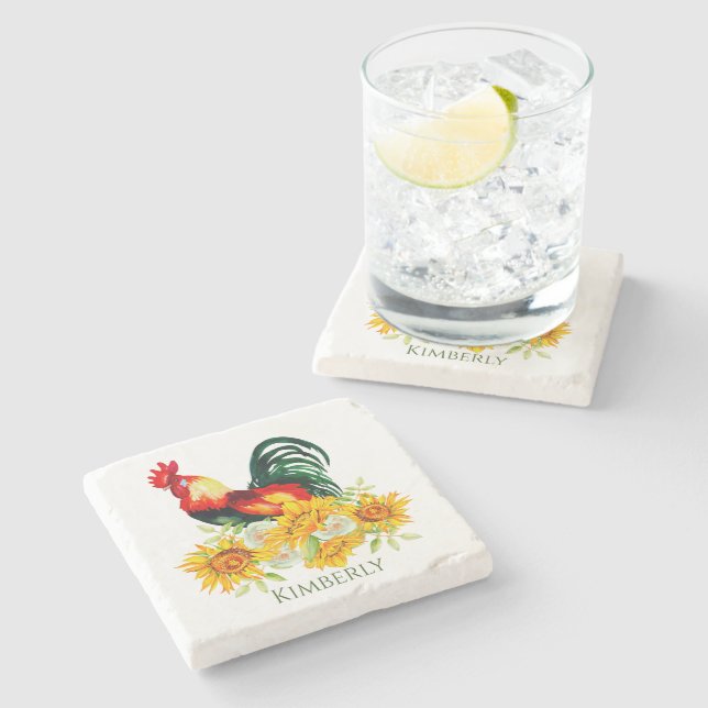 Rooster with Sunflowers Stone Coaster (Side)