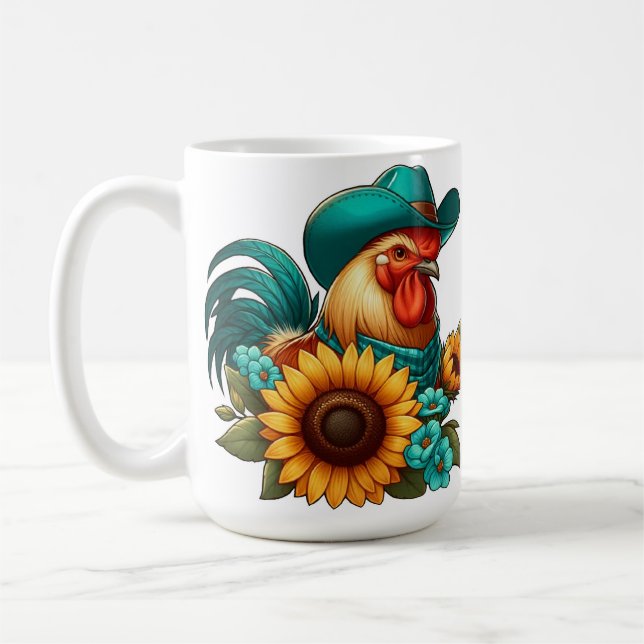 Rooster With Teal Hat and Sunflowers  Coffee Mug (Left)