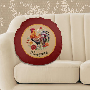 Rooster with Vivid Feathers n Roses Farmhouse Red Round Cushion