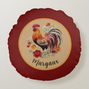 Rooster with Vivid Feathers n Roses Farmhouse Red Round Cushion