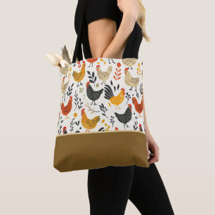 Roosters and Chickens Doodle Style Color Block Tote Bag