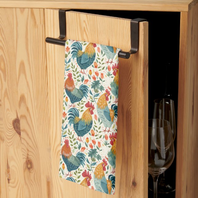 Roosters and Flowers Tea Towel (Thirds Fold)