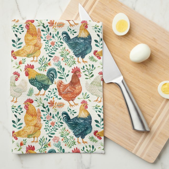 Roosters and Flowers Tea Towel (Quarter Fold)