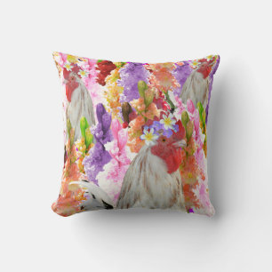 Roosters And Hollyhock Flowers, Cushion
