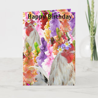 Roosters And Hollyhocks Birthday Card, Holiday Card