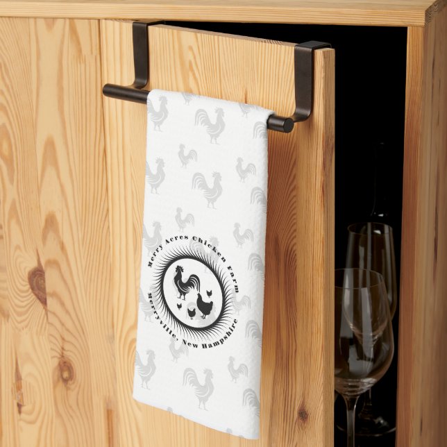 Roosters Chicken Farm Name Black and White Tea Towel (Thirds Fold)