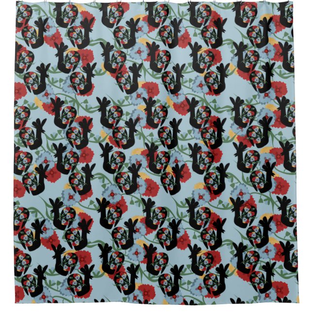 Roosters Folk Floral Mexican Pattern  Shower Curtain (Front)