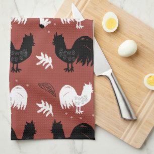 Roosters Hand Drawn Floral Farm Pattern Tea Towel