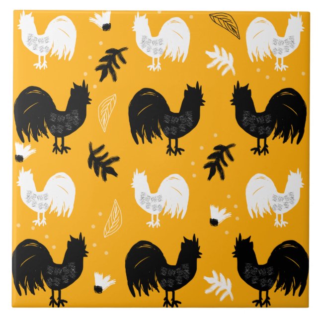 Roosters Hand Drawn Floral Farm Pattern Tile (Front)