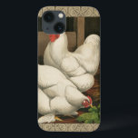 Roosters & Hen outside Hen House with White Border iPhone 13 Case<br><div class="desc">A rustic art print displaying a vigourous rooster and a hen in a hen house. The darc ecru border is pattern consists of spiral elements. This print would be a gread addition to a rural country home decoration.</div>
