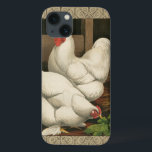 Roosters & Hen outside Hen House with White Border iPhone 13 Case<br><div class="desc">A rustic art print displaying a vigourous rooster and a hen in a hen house. The darc ecru border is pattern consists of spiral elements. This print would be a gread addition to a rural country home decoration.</div>
