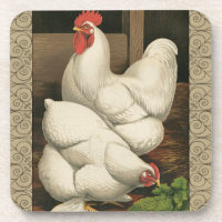 Roosters & Hen outside Hen House with White Border