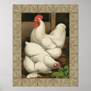 Roosters & Hen outside Hen House with White Border Poster
