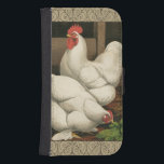 Roosters & Hen outside Hen House with White Border Samsung S4 Wallet Case<br><div class="desc">A rustic art print displaying a vigourous rooster and a hen in a hen house. The darc ecru border is pattern consists of spiral elements. This print would be a gread addition to a rural country home decoration.</div>
