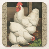 Roosters & Hen outside Hen House with White Border