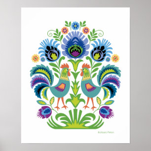 Roosters in Purple and Teal Poster