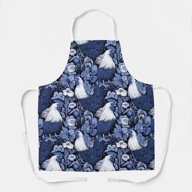 Roosters in the Garden Blue and White Apron (Front)