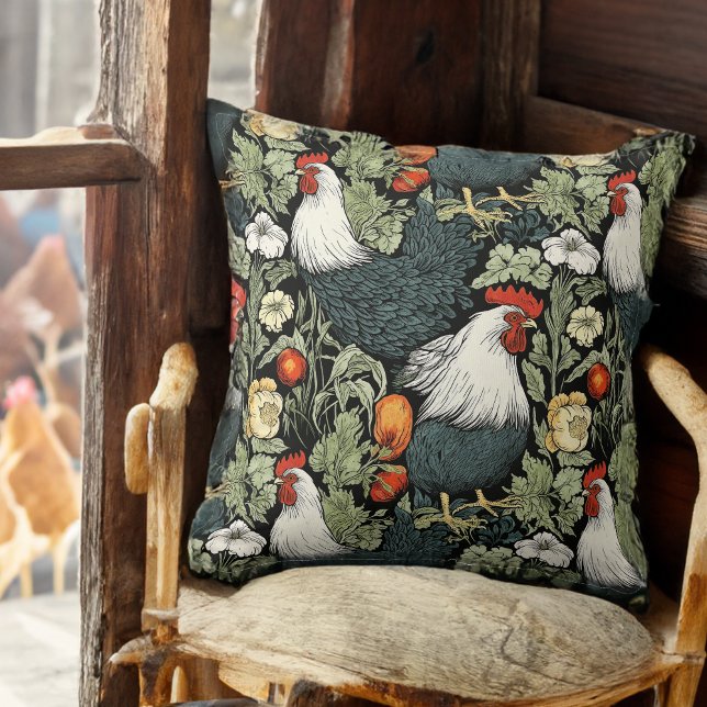 Roosters in the Garden Rustic Farmhouse Cushion (Size approximates the 20 inch size)