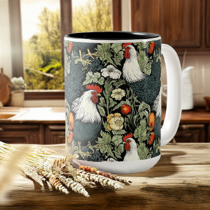 Roosters in the Green Garden William Morris Style Coffee Mug