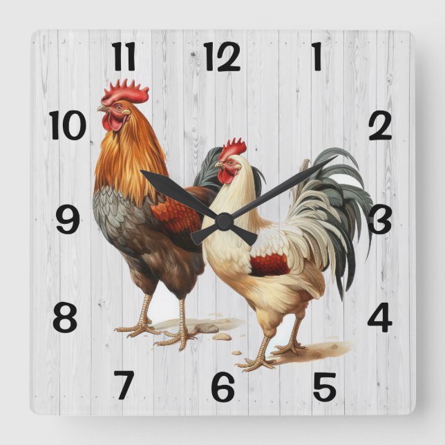 Roosters on White Wood Background Square Wall Clock (Front)