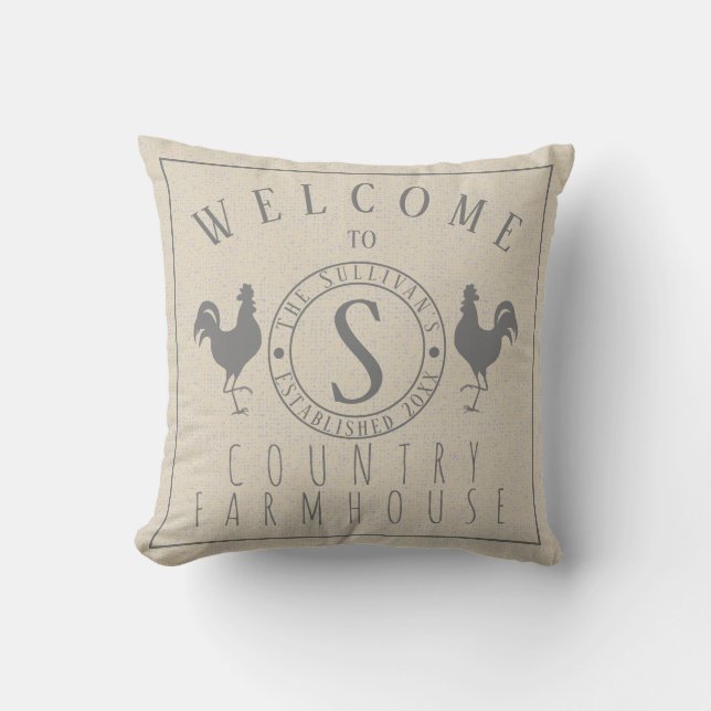 Roosters Welcome to Name Country Farmhouse Cushion (Front)